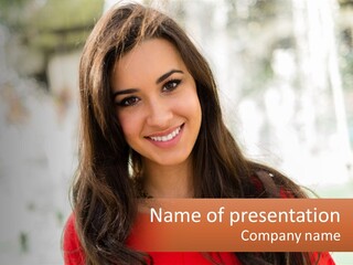 A Woman With Long Brown Hair Smiling At The Camera PowerPoint Template