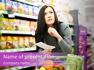 A Woman In A Grocery Store Looking Up At Her Menu PowerPoint Template