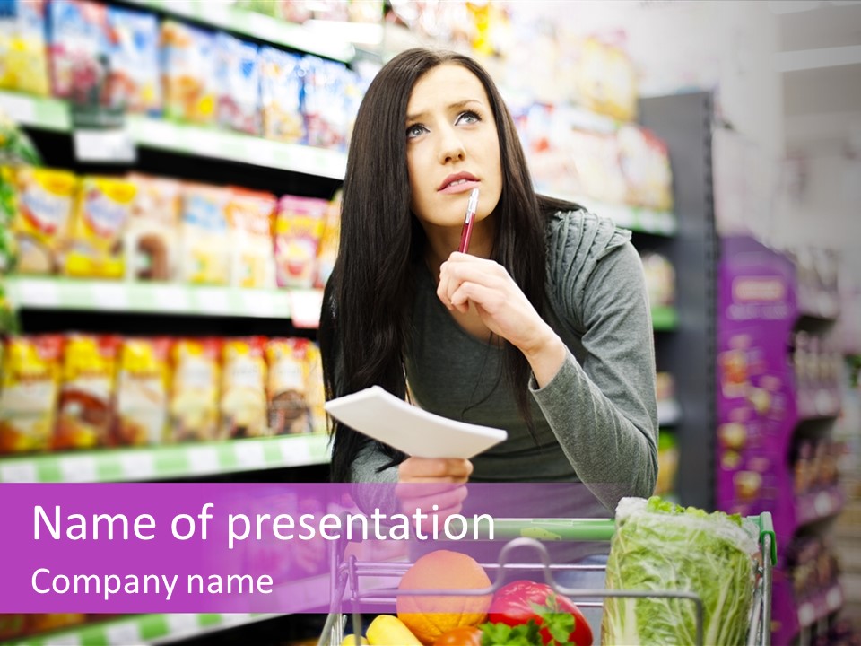 A Woman In A Grocery Store Looking Up At Her Menu PowerPoint Template