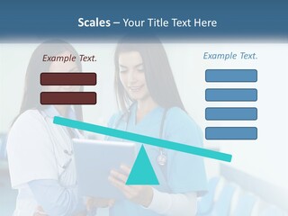 Two Women In Scrubs Are Looking At A Tablet PowerPoint Template
