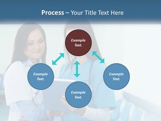 Two Women In Scrubs Are Looking At A Tablet PowerPoint Template