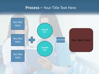 Two Women In Scrubs Are Looking At A Tablet PowerPoint Template