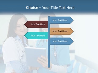 Two Women In Scrubs Are Looking At A Tablet PowerPoint Template