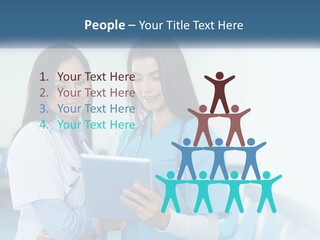 Two Women In Scrubs Are Looking At A Tablet PowerPoint Template
