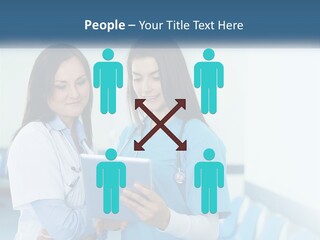 Two Women In Scrubs Are Looking At A Tablet PowerPoint Template