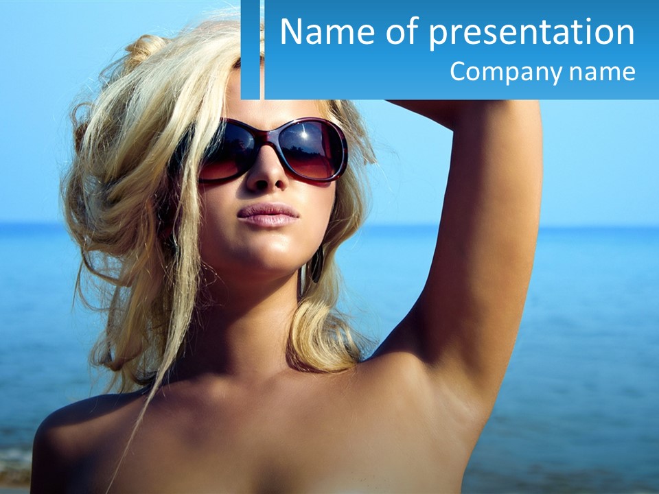 A Woman In Sunglasses Holding Up A Sign PowerPoint Template