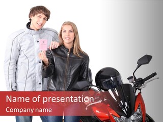 A Man And Woman Standing Next To A Motorcycle PowerPoint Template