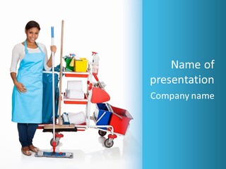 A Woman With A Cleaning Cart And Cleaning Supplies PowerPoint Template