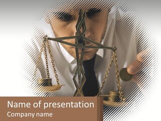A Man Holding A Scale Of Justice In Front Of His Face PowerPoint Template