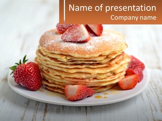 A Stack Of Pancakes With Strawberries On A Plate PowerPoint Template