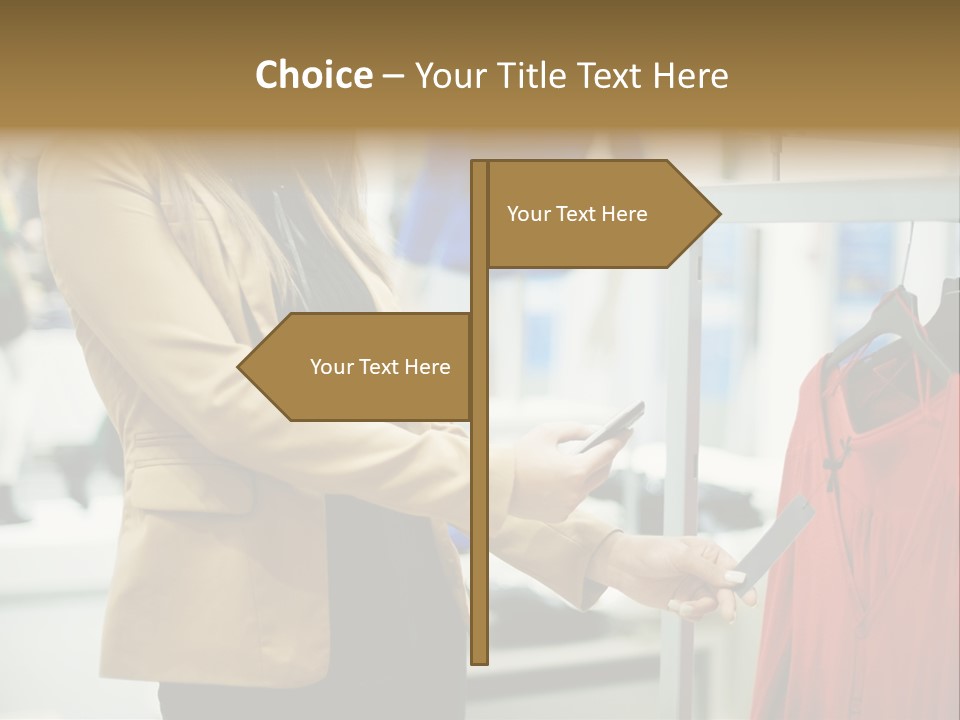 A Woman Looking At A Cell Phone In A Clothing Store PowerPoint Template