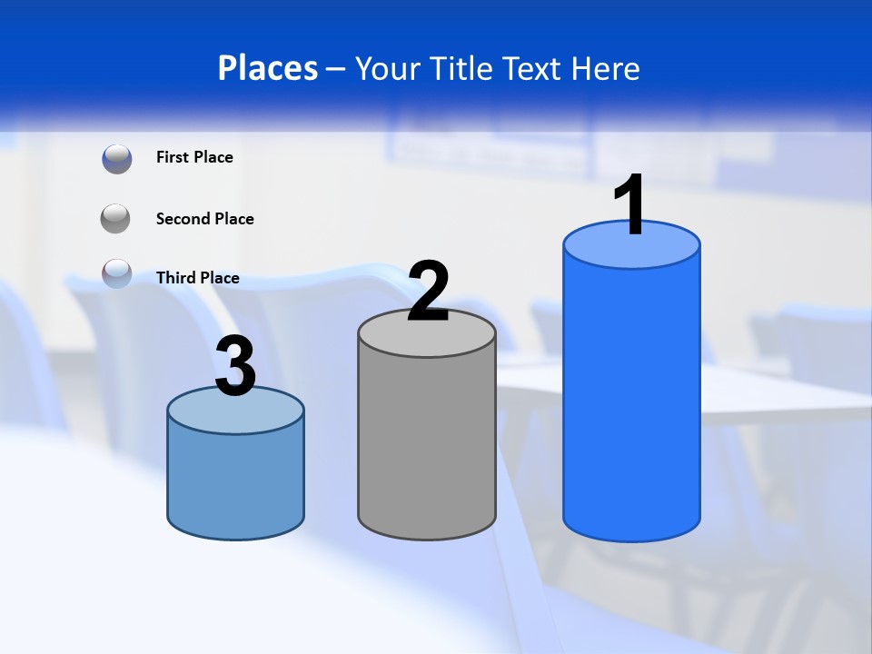 A Classroom With Blue Chairs And A Bulletin Board PowerPoint Template