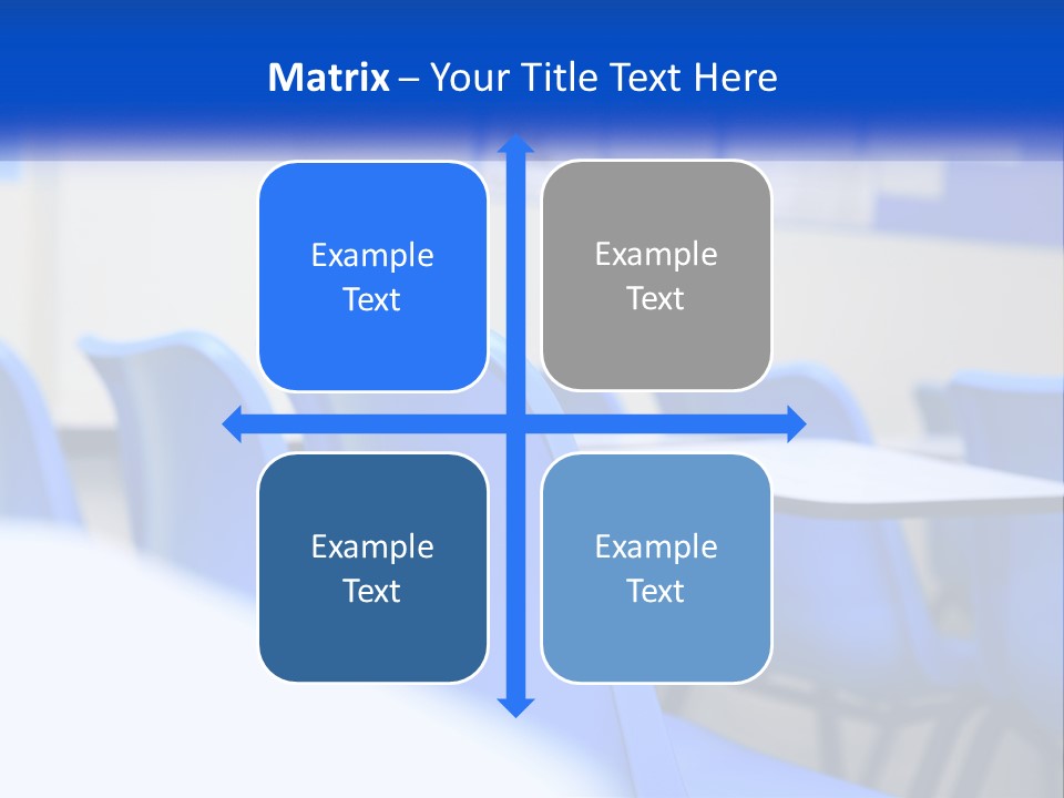 A Classroom With Blue Chairs And A Bulletin Board PowerPoint Template