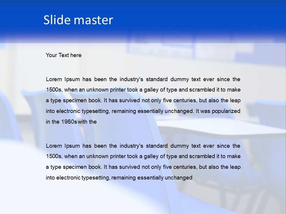 A Classroom With Blue Chairs And A Bulletin Board PowerPoint Template