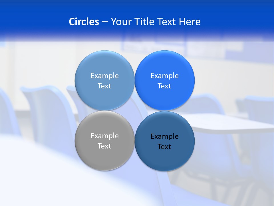 A Classroom With Blue Chairs And A Bulletin Board PowerPoint Template