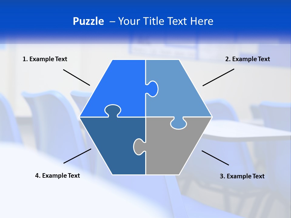 A Classroom With Blue Chairs And A Bulletin Board PowerPoint Template