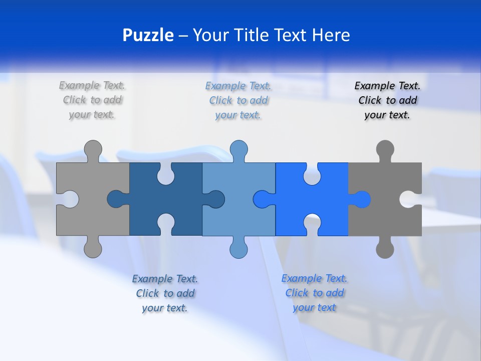 A Classroom With Blue Chairs And A Bulletin Board PowerPoint Template