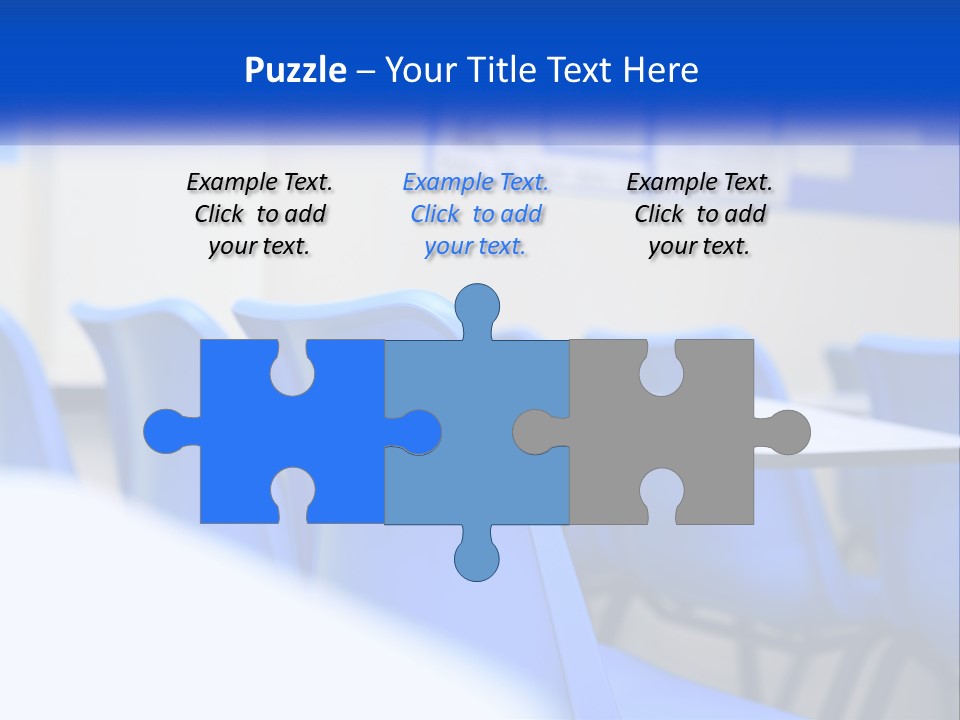 A Classroom With Blue Chairs And A Bulletin Board PowerPoint Template