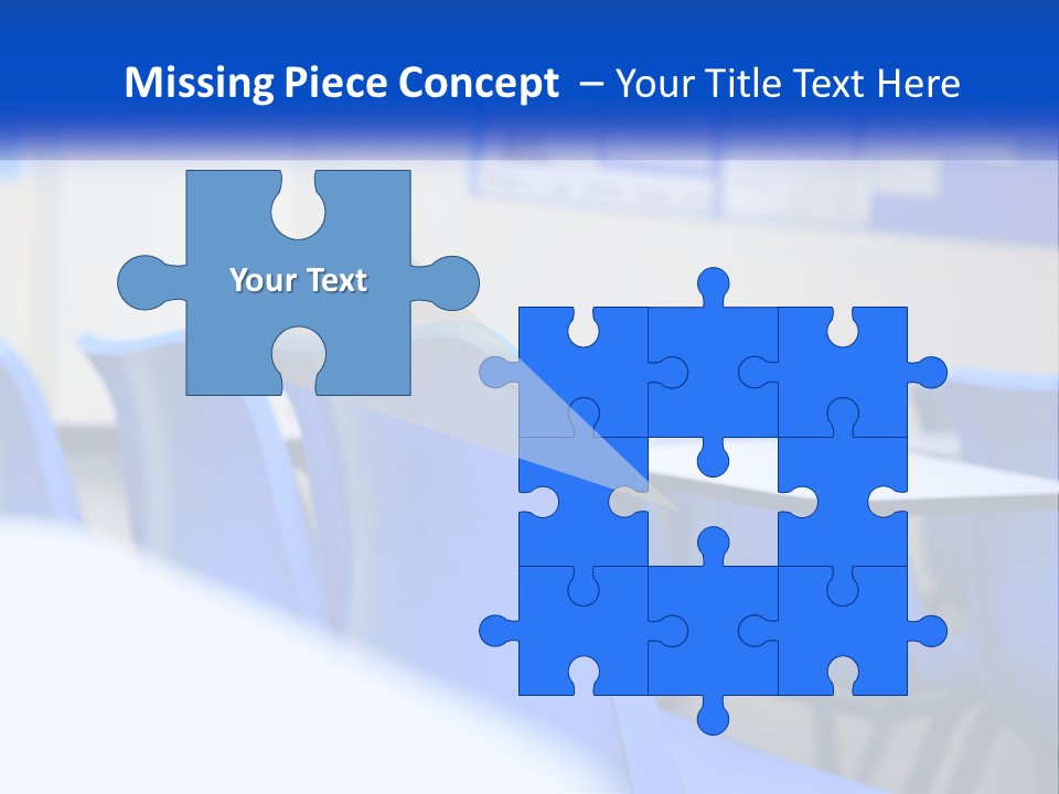 A Classroom With Blue Chairs And A Bulletin Board PowerPoint Template