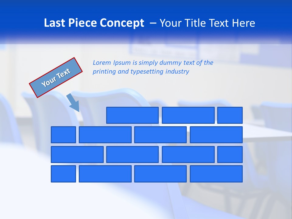 A Classroom With Blue Chairs And A Bulletin Board PowerPoint Template