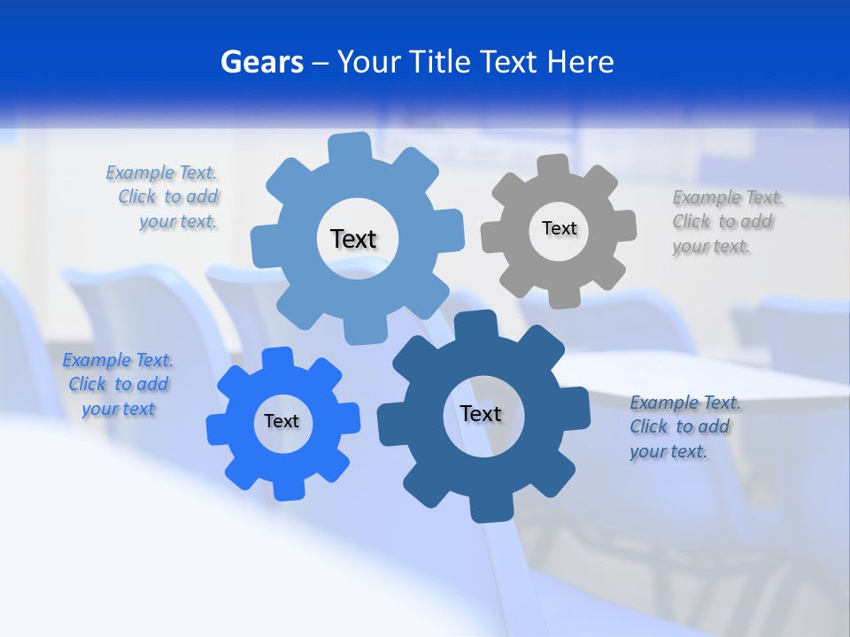 A Classroom With Blue Chairs And A Bulletin Board PowerPoint Template