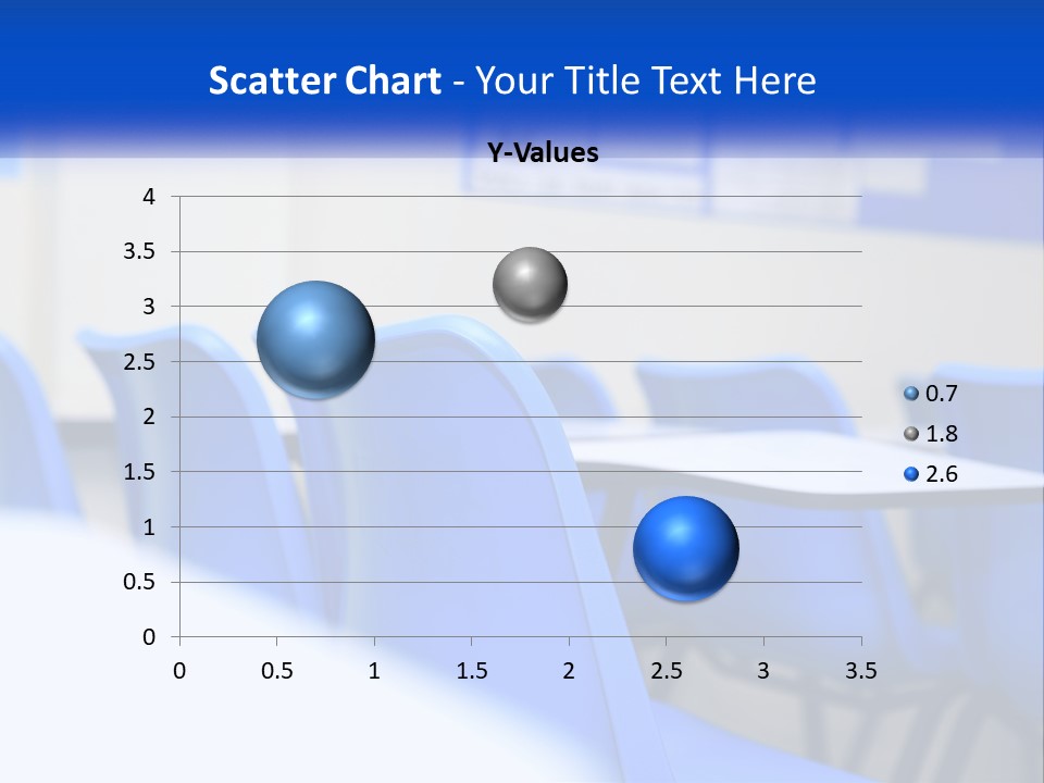 A Classroom With Blue Chairs And A Bulletin Board PowerPoint Template