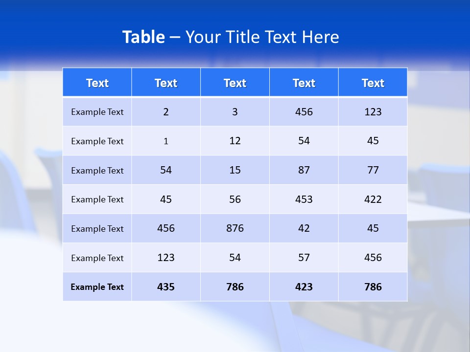 A Classroom With Blue Chairs And A Bulletin Board PowerPoint Template