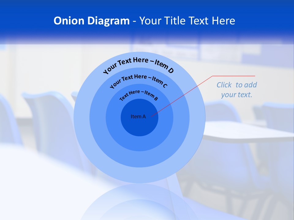 A Classroom With Blue Chairs And A Bulletin Board PowerPoint Template
