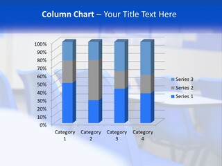 A Classroom With Blue Chairs And A Bulletin Board PowerPoint Template