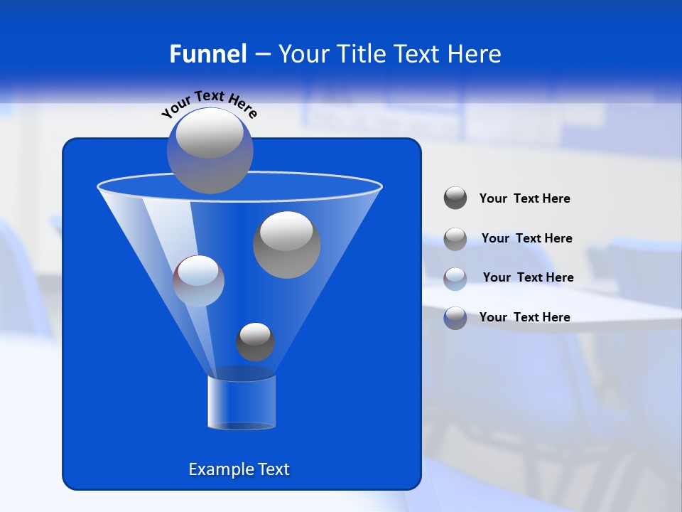 A Classroom With Blue Chairs And A Bulletin Board PowerPoint Template