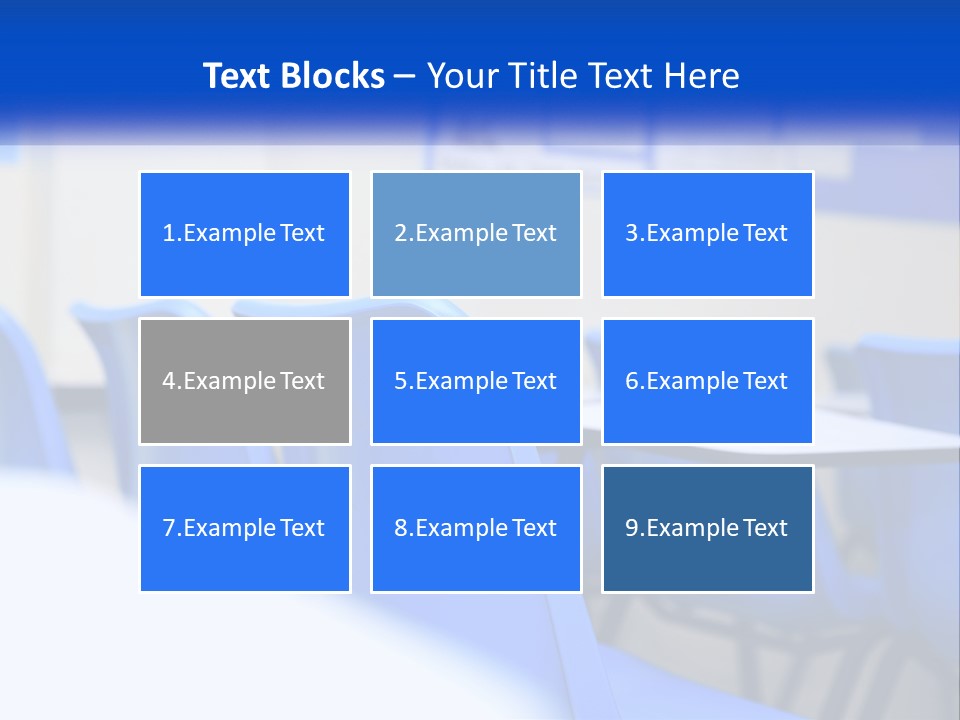 A Classroom With Blue Chairs And A Bulletin Board PowerPoint Template