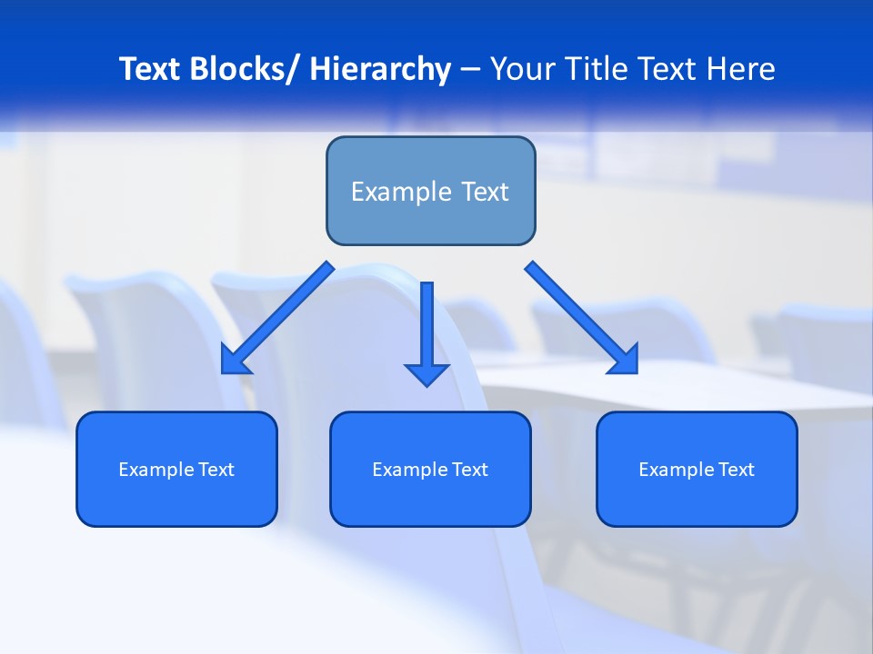 A Classroom With Blue Chairs And A Bulletin Board PowerPoint Template