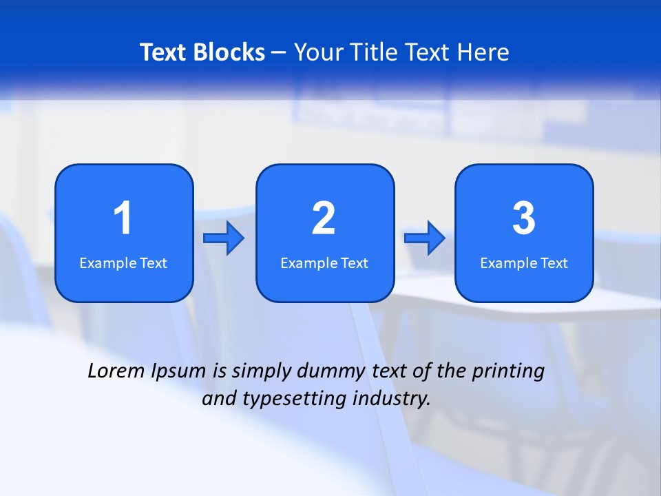 A Classroom With Blue Chairs And A Bulletin Board PowerPoint Template