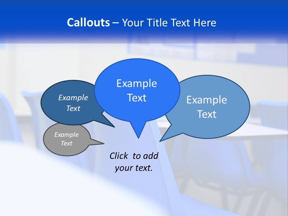 A Classroom With Blue Chairs And A Bulletin Board PowerPoint Template