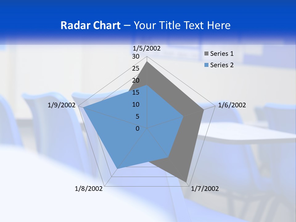 A Classroom With Blue Chairs And A Bulletin Board PowerPoint Template