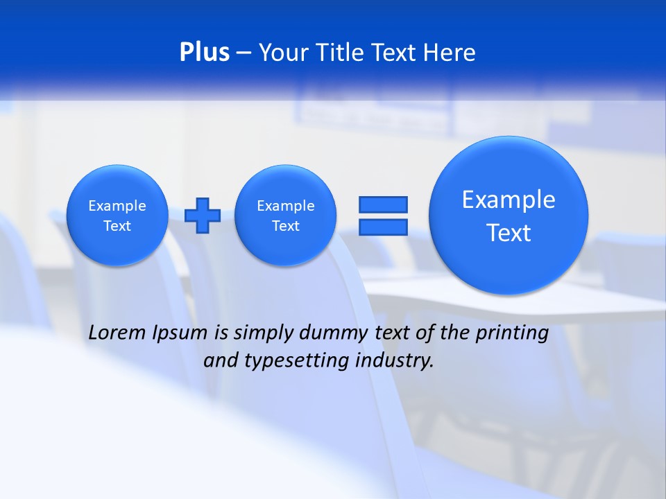 A Classroom With Blue Chairs And A Bulletin Board PowerPoint Template