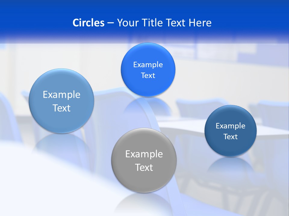 A Classroom With Blue Chairs And A Bulletin Board PowerPoint Template