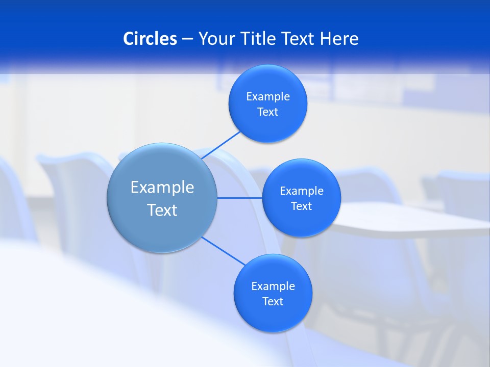 A Classroom With Blue Chairs And A Bulletin Board PowerPoint Template