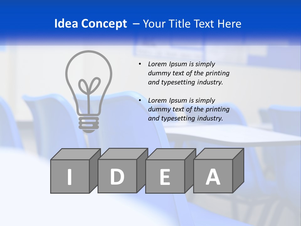 A Classroom With Blue Chairs And A Bulletin Board PowerPoint Template