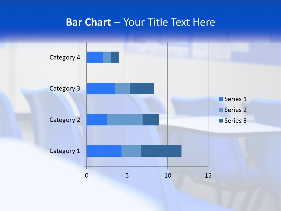 A Classroom With Blue Chairs And A Bulletin Board PowerPoint Template