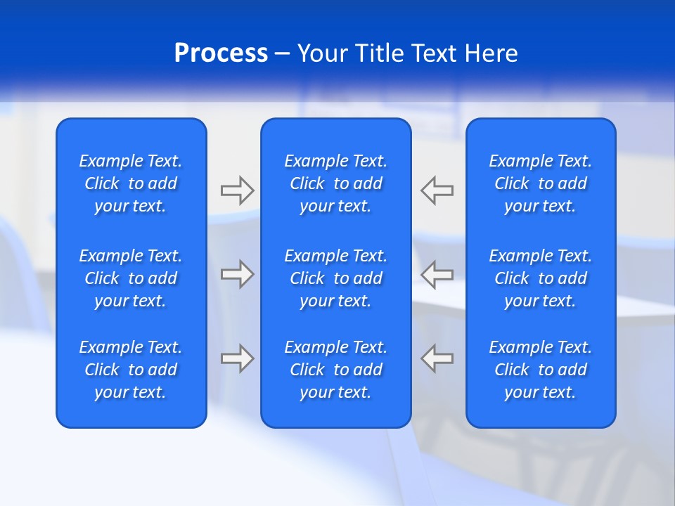 A Classroom With Blue Chairs And A Bulletin Board PowerPoint Template