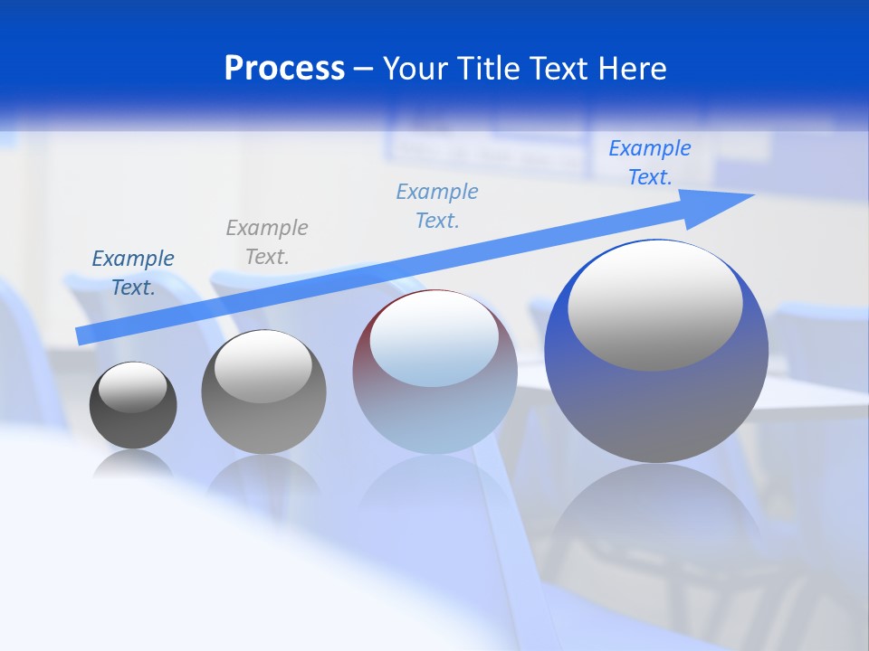 A Classroom With Blue Chairs And A Bulletin Board PowerPoint Template
