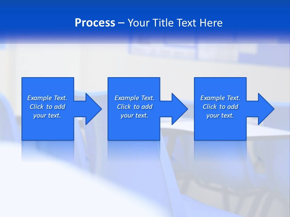 A Classroom With Blue Chairs And A Bulletin Board PowerPoint Template