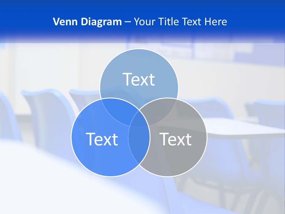A Classroom With Blue Chairs And A Bulletin Board PowerPoint Template