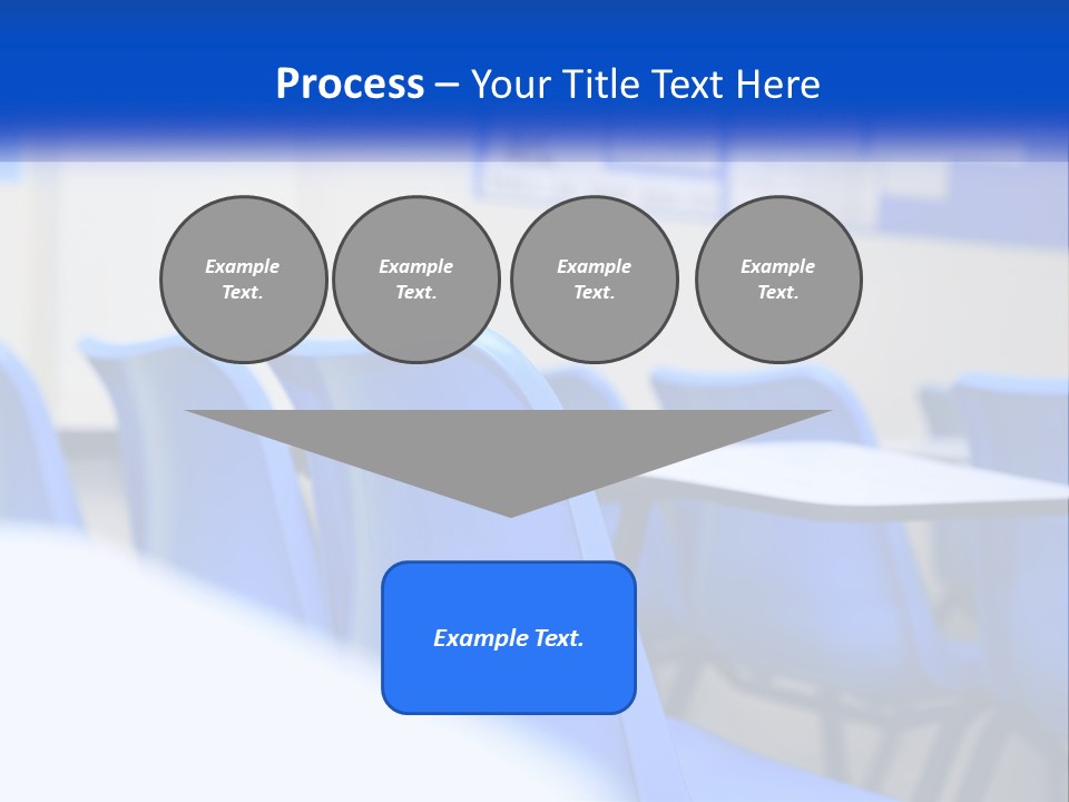 A Classroom With Blue Chairs And A Bulletin Board PowerPoint Template