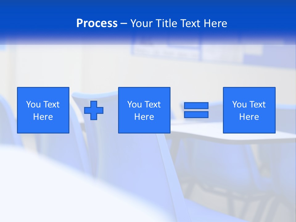 A Classroom With Blue Chairs And A Bulletin Board PowerPoint Template