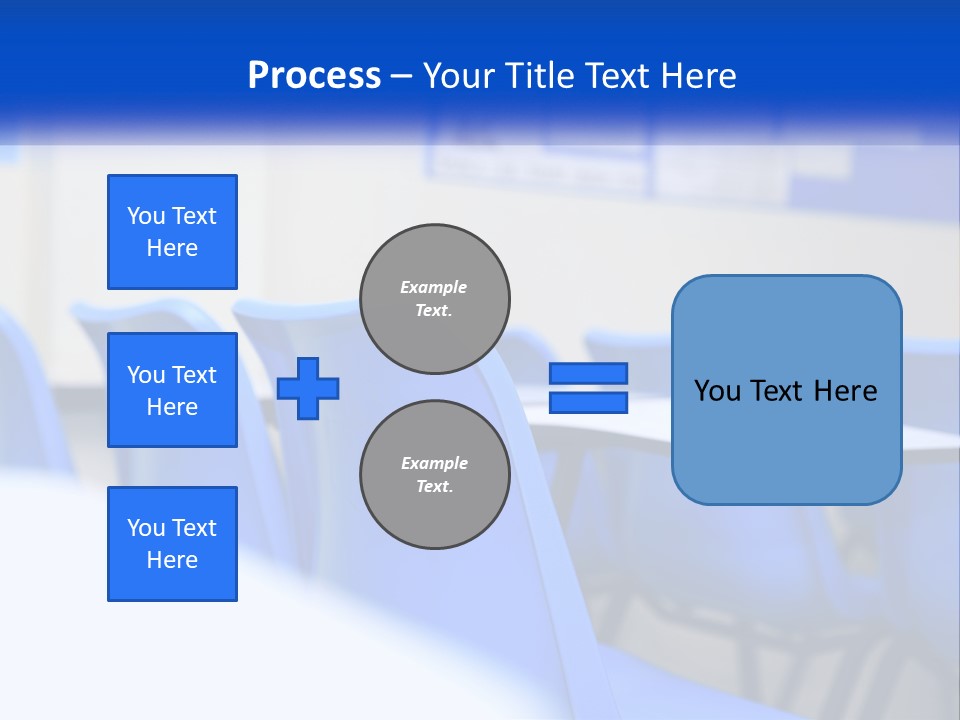 A Classroom With Blue Chairs And A Bulletin Board PowerPoint Template