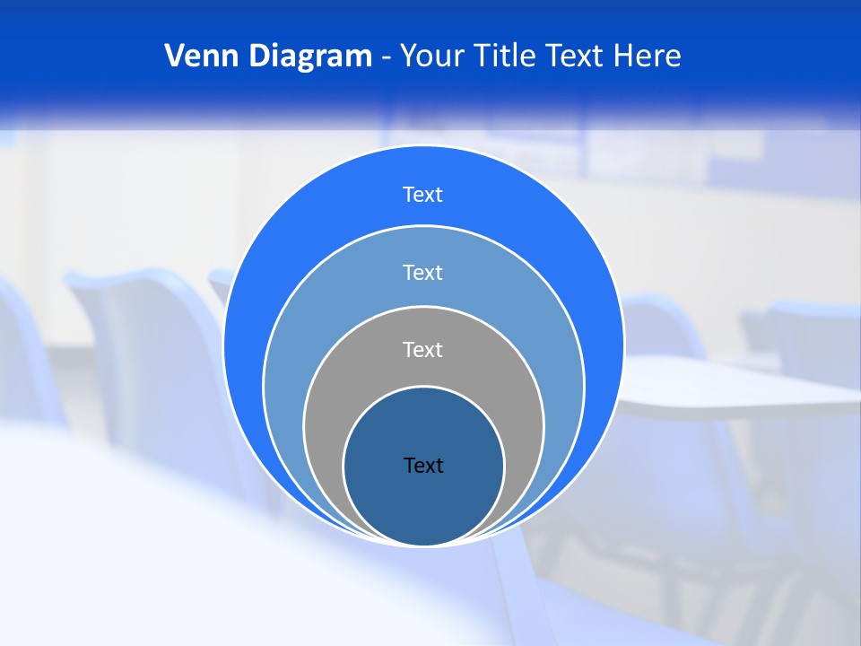 A Classroom With Blue Chairs And A Bulletin Board PowerPoint Template