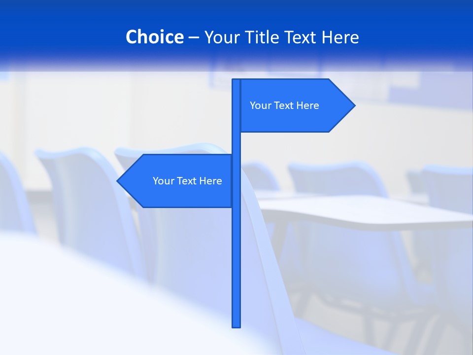 A Classroom With Blue Chairs And A Bulletin Board PowerPoint Template
