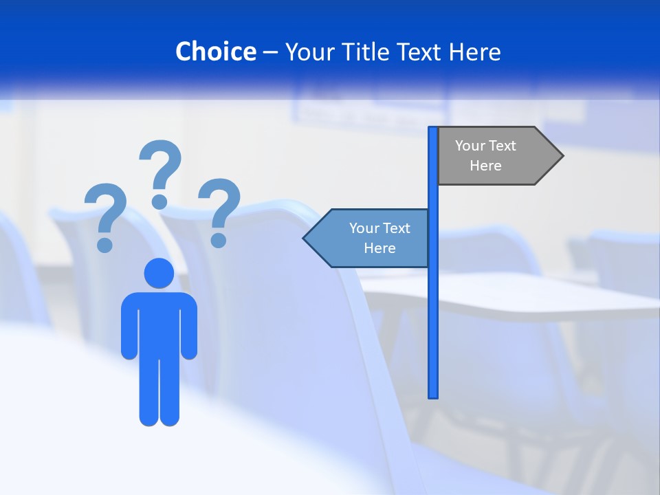 A Classroom With Blue Chairs And A Bulletin Board PowerPoint Template